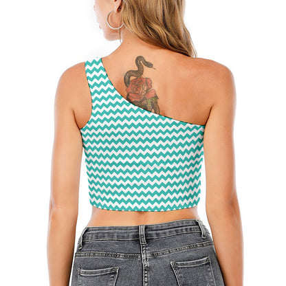 Teal And White Chevron Pattern Print One Shoulder Crop Top