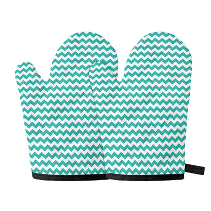 Teal And White Chevron Pattern Print Oven Mitts