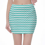 Teal And White Chevron Pattern Print Pencil Mini Skirt