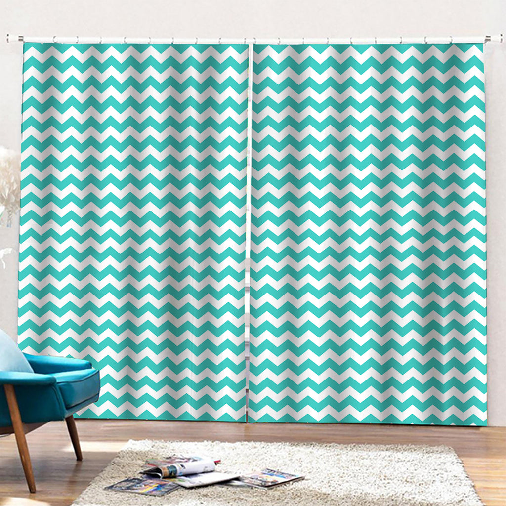 Teal And White Chevron Pattern Print Pencil Pleat Curtains