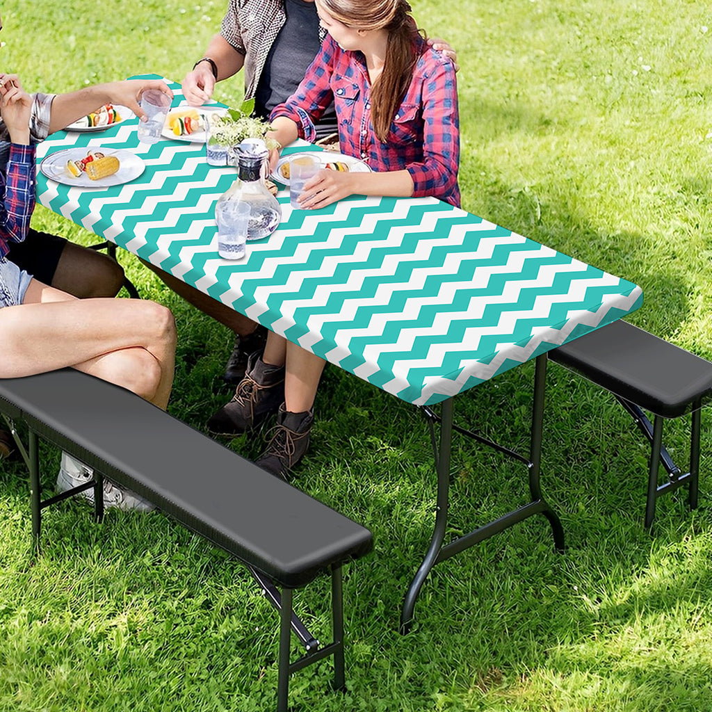 Teal And White Chevron Pattern Print Picnic Table Cover