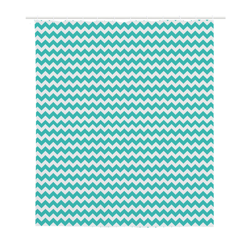 Teal And White Chevron Pattern Print Polyester Shower Curtain