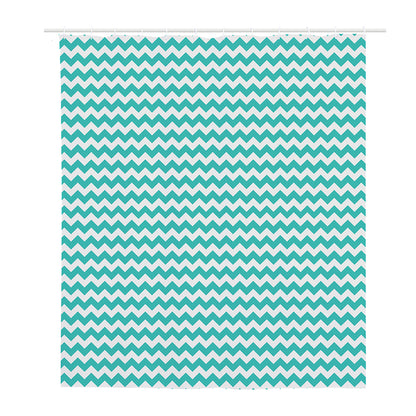 Teal And White Chevron Pattern Print Polyester Shower Curtain