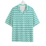 Teal And White Chevron Pattern Print Rayon Hawaiian Shirt