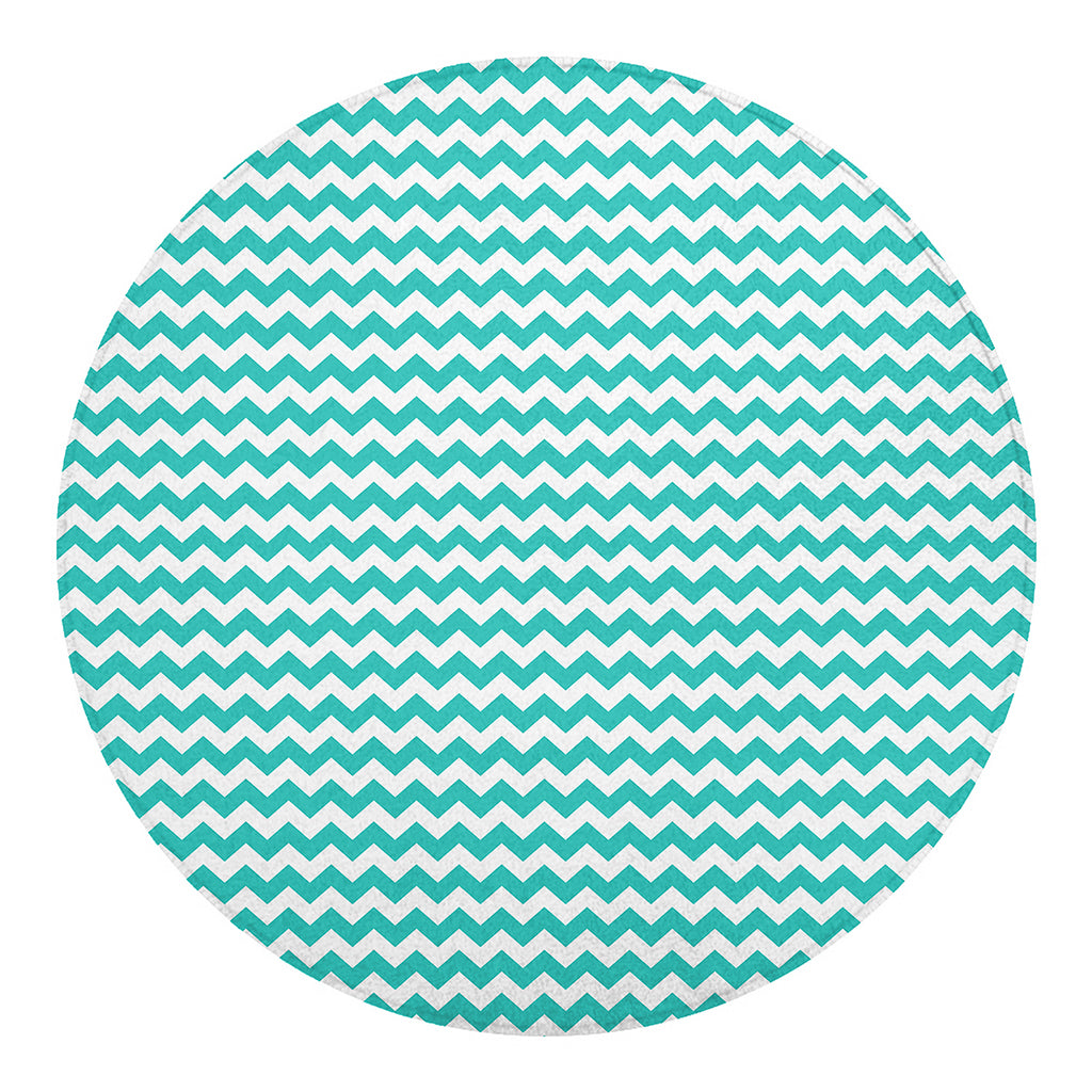 Teal And White Chevron Pattern Print Round Blanket