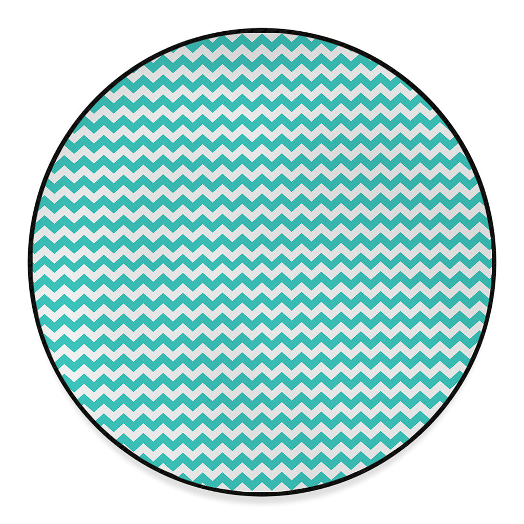 Teal And White Chevron Pattern Print Round Floor Mat