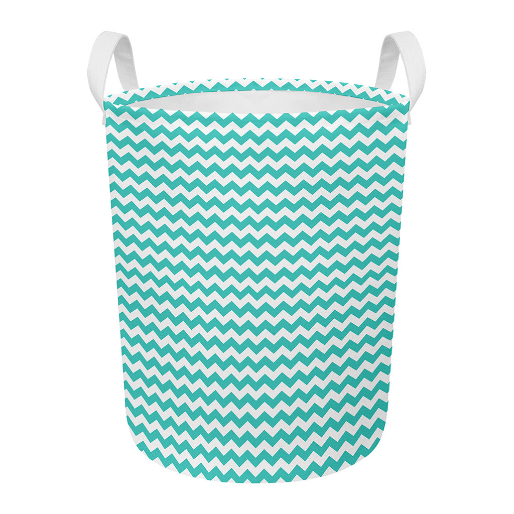 Teal And White Chevron Pattern Print Round Laundry Basket