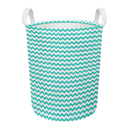 Teal And White Chevron Pattern Print Round Laundry Basket