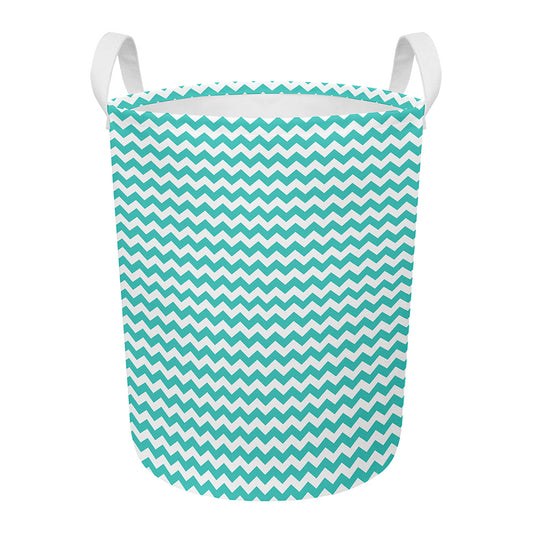 Teal And White Chevron Pattern Print Round Laundry Basket