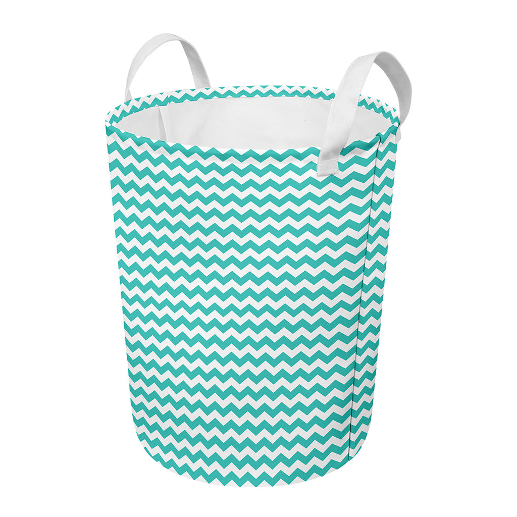 Teal And White Chevron Pattern Print Round Laundry Basket