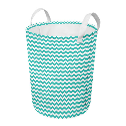 Teal And White Chevron Pattern Print Round Laundry Basket