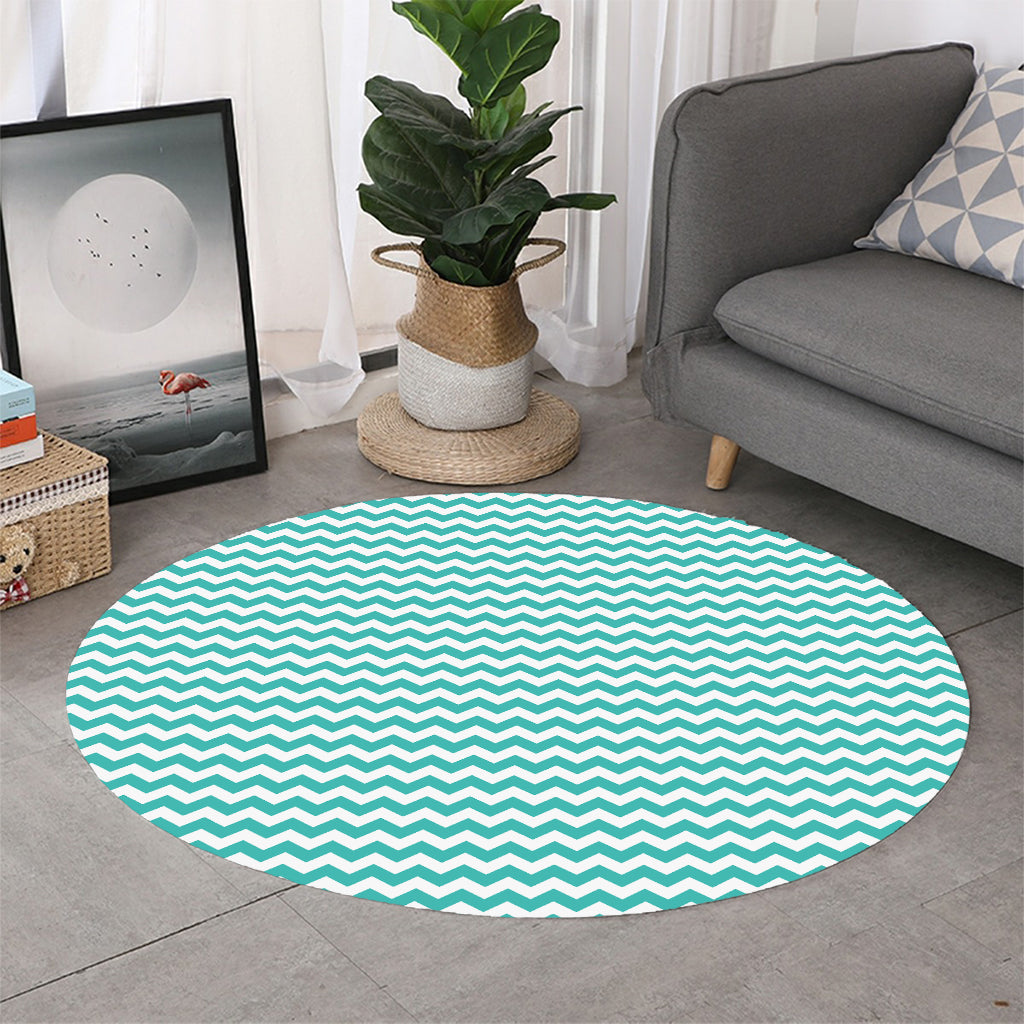 Teal And White Chevron Pattern Print Round Rug