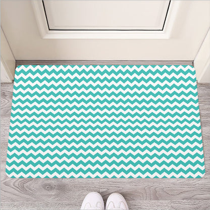 Teal And White Chevron Pattern Print Rubber Doormat