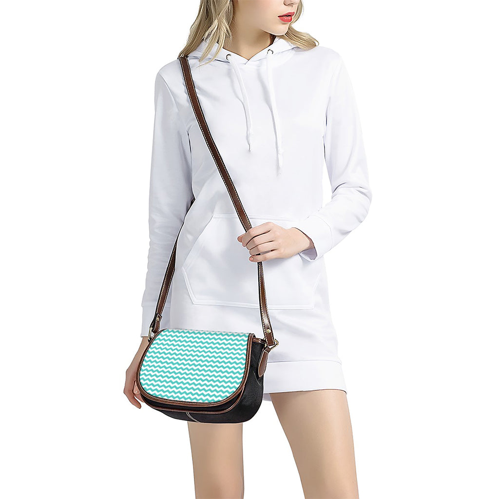 Teal And White Chevron Pattern Print Saddle Bag