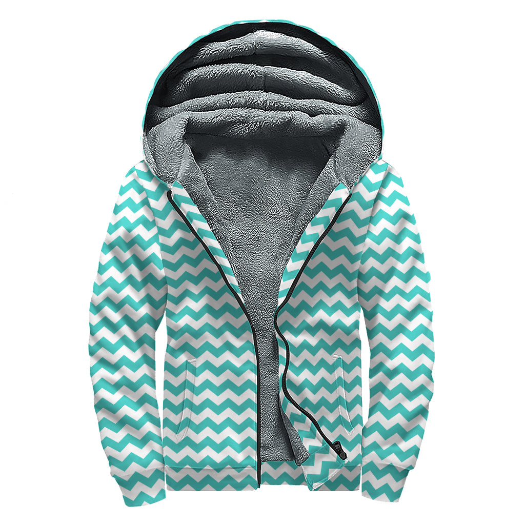 Teal And White Chevron Pattern Print Sherpa Lined Zip Up Hoodie