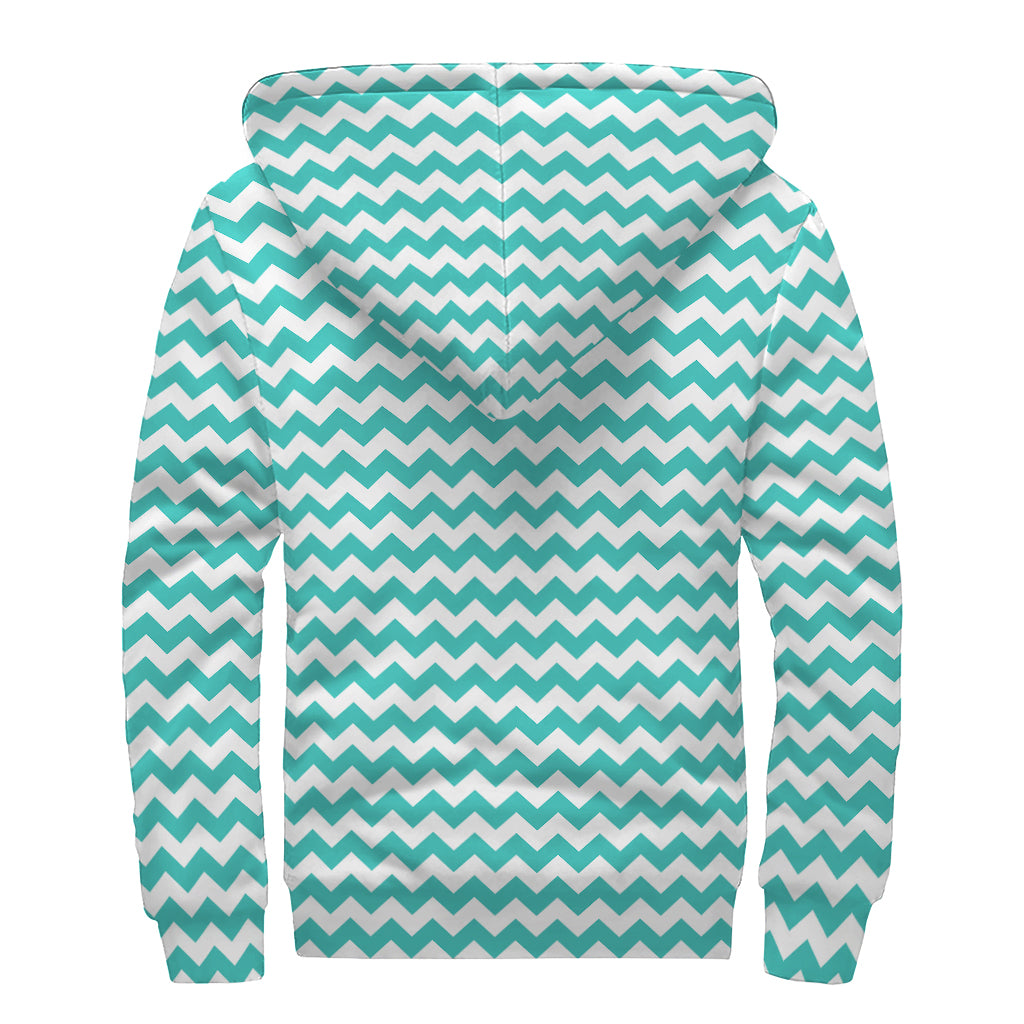 Teal And White Chevron Pattern Print Sherpa Lined Zip Up Hoodie