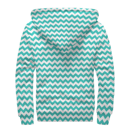 Teal And White Chevron Pattern Print Sherpa Lined Zip Up Hoodie