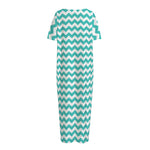 Teal And White Chevron Pattern Print Short Sleeve Long Nightdress