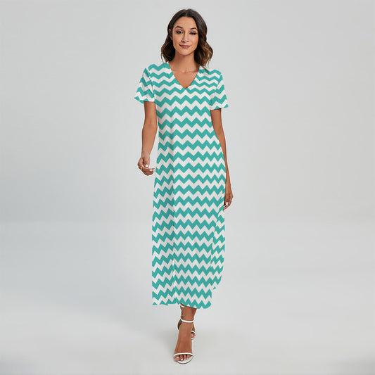 Teal And White Chevron Pattern Print Short Sleeve Maxi Dress