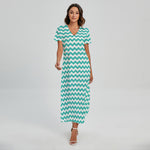 Teal And White Chevron Pattern Print Short Sleeve Maxi Dress