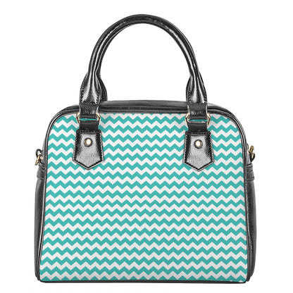 Teal And White Chevron Pattern Print Shoulder Handbag