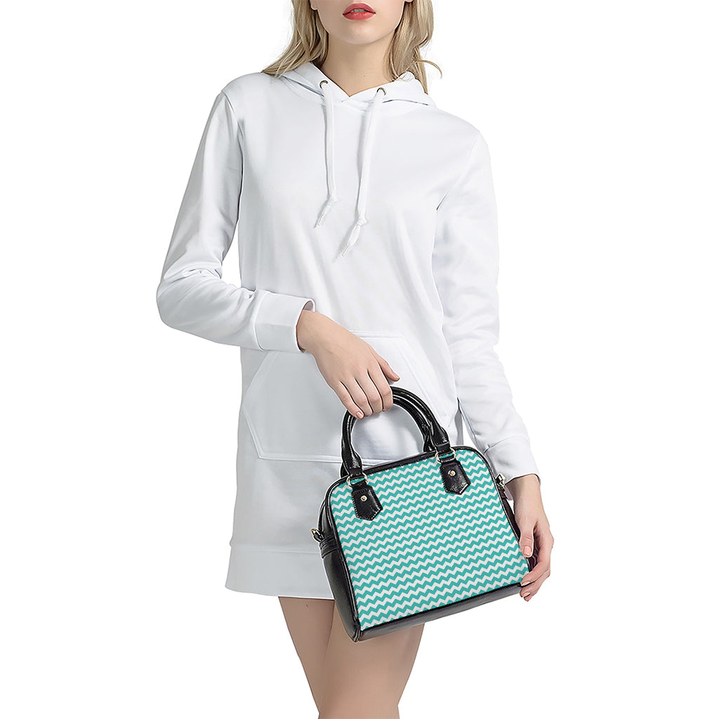 Teal And White Chevron Pattern Print Shoulder Handbag