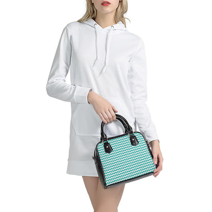 Teal And White Chevron Pattern Print Shoulder Handbag