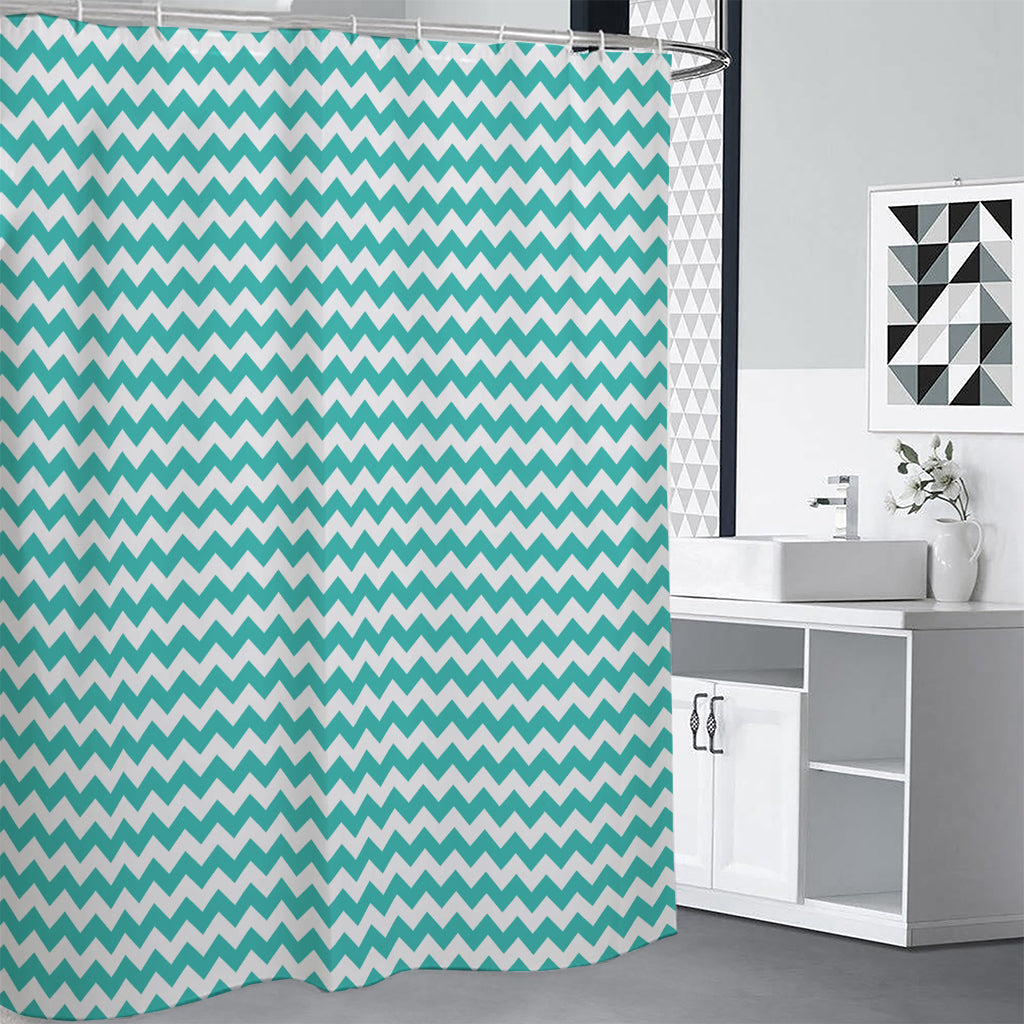 Teal And White Chevron Pattern Print Shower Curtain