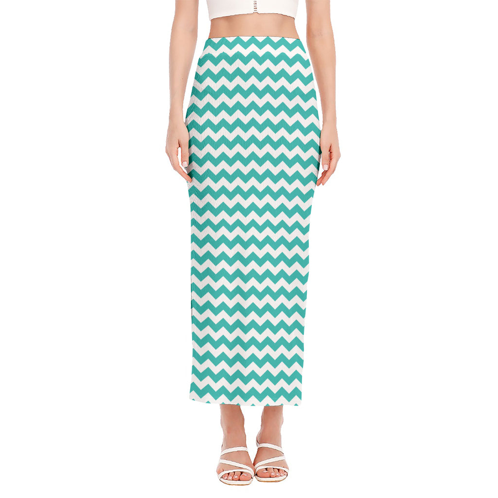 Teal And White Chevron Pattern Print Side Slit Maxi Skirt