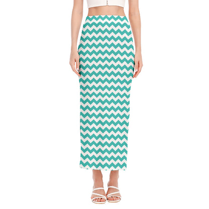 Teal And White Chevron Pattern Print Side Slit Maxi Skirt