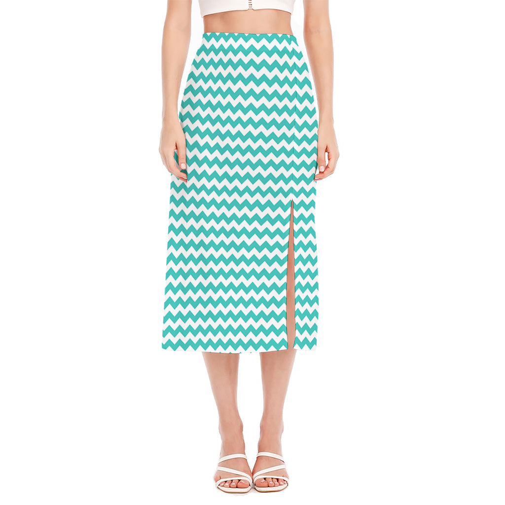 Teal And White Chevron Pattern Print Side Slit Midi Skirt