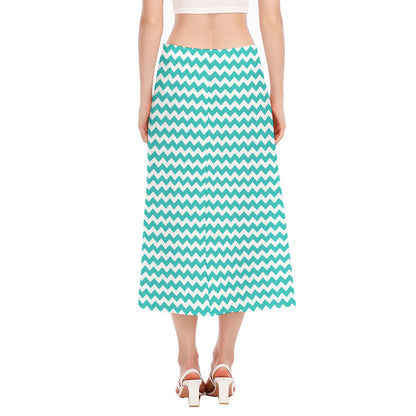 Teal And White Chevron Pattern Print Side Slit Midi Skirt