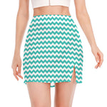 Teal And White Chevron Pattern Print Side Slit Mini Skirt