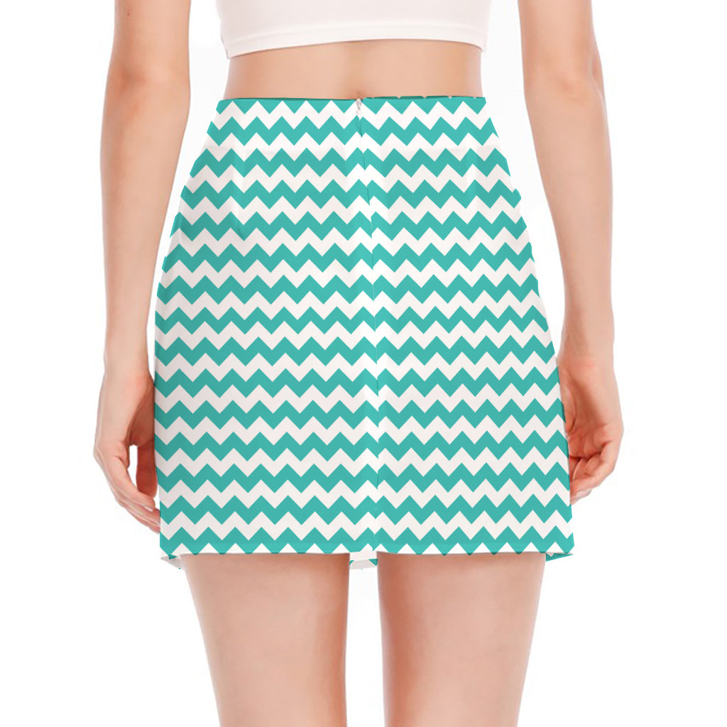 Teal And White Chevron Pattern Print Side Slit Mini Skirt