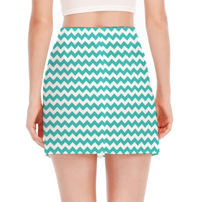 Teal And White Chevron Pattern Print Side Slit Mini Skirt