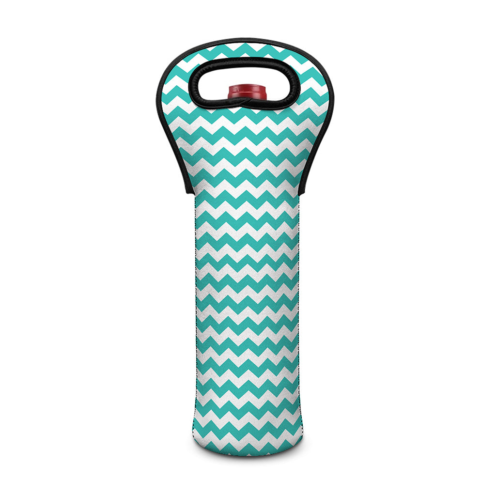 Teal And White Chevron Pattern Print Single Neoprene Wine Tote