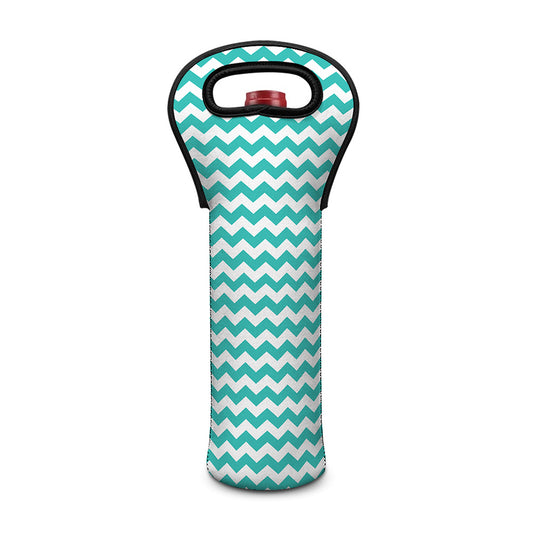 Teal And White Chevron Pattern Print Single Neoprene Wine Tote