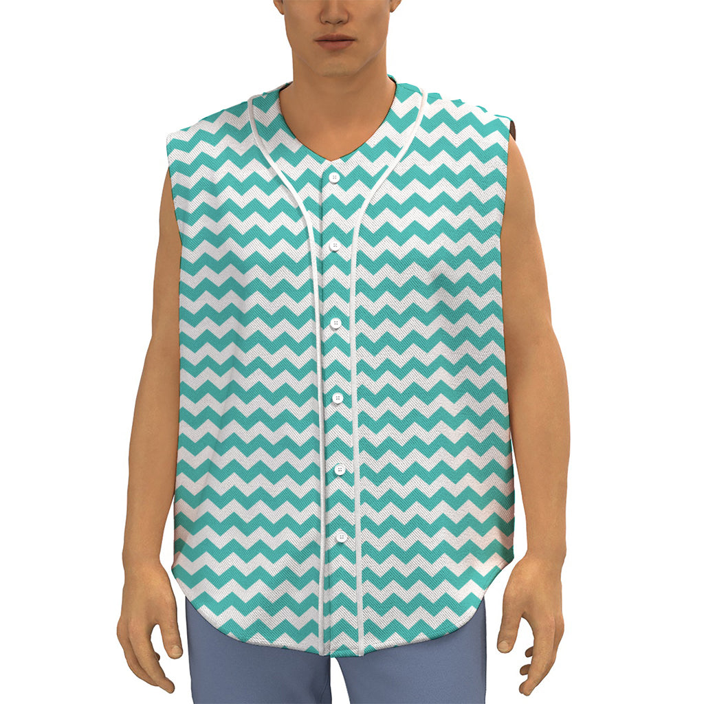 Teal And White Chevron Pattern Print Sleeveless Baseball Jersey