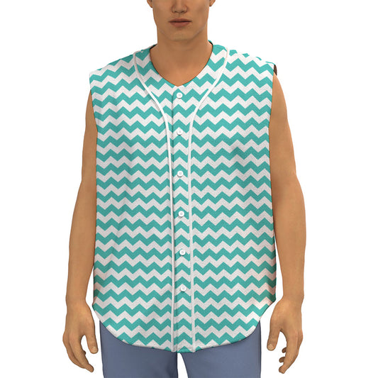 Teal And White Chevron Pattern Print Sleeveless Baseball Jersey