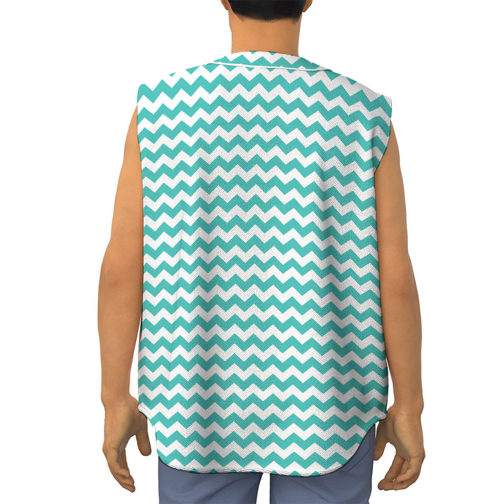 Teal And White Chevron Pattern Print Sleeveless Baseball Jersey