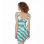 Teal And White Chevron Pattern Print Sleeveless Bodycon Dress