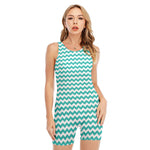 Teal And White Chevron Pattern Print Sleeveless One Piece Swimsuit