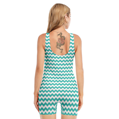 Teal And White Chevron Pattern Print Sleeveless One Piece Swimsuit