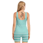 Teal And White Chevron Pattern Print Sleeveless One Piece Swimsuit