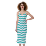 Teal And White Chevron Pattern Print Slim Fit Midi Cami Dress
