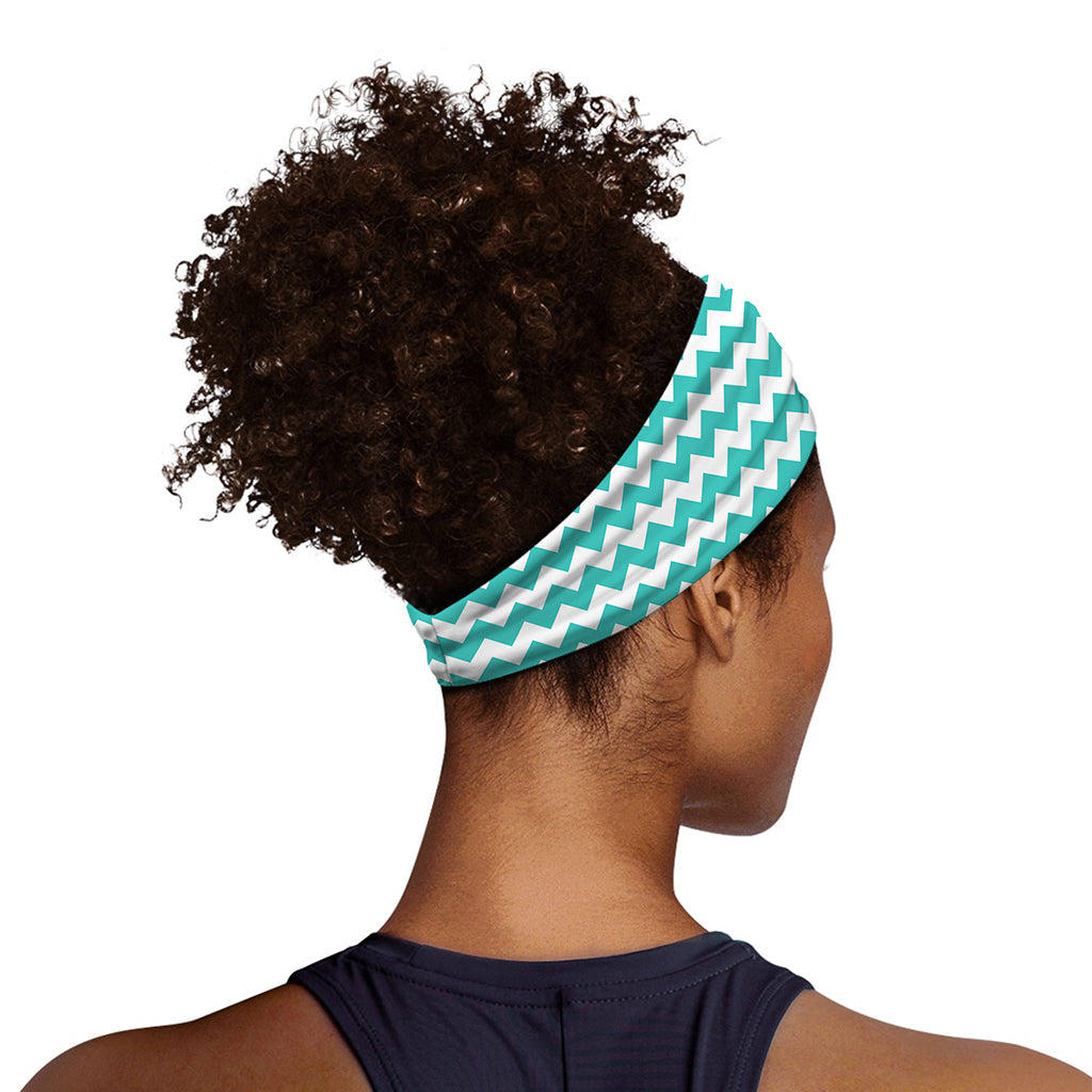 Teal And White Chevron Pattern Print Sports Headband