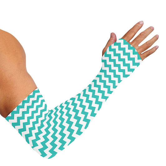 Teal And White Chevron Pattern Print Sun Protection Arm Sleeves