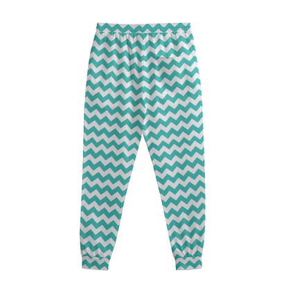 Teal And White Chevron Pattern Print Sweatpants