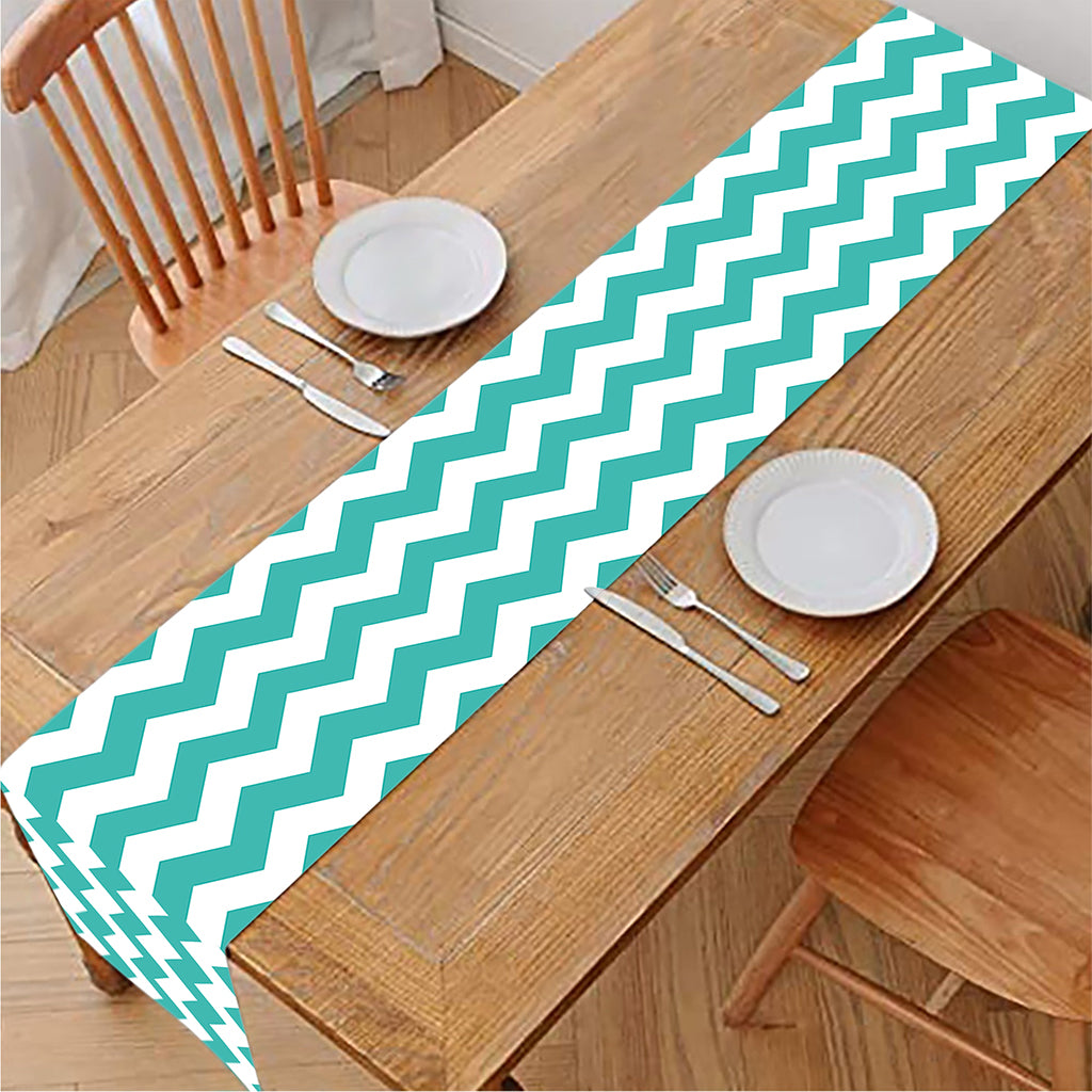 Teal And White Chevron Pattern Print Table Runner