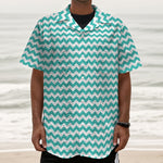 Teal And White Chevron Pattern Print Textured Short Sleeve Shirt
